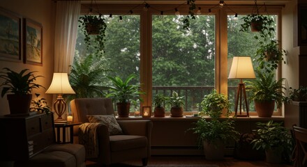 Rainy Day Charm: Cozy Indoor Scene with Greenery - Tranquil indoor scene, warm lighting, lush plants, rainy window view, cozy armchair. Symbolizing peace, comfort, nature, relaxation, and serenity