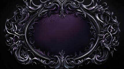 A dark purple and silver gothic decorative frame with intricate, swirling patterns and sharp details forming an oval shape around the center