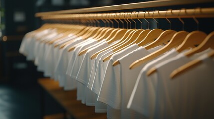 Rows of white t-shirts on wooden hangers (1)