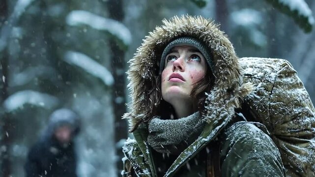 A determined woman, bundled in winter gear, looks onward through a snowy forest.