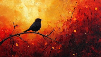 A painting of a bird sitting on a branch in a field of red and yellow flecks of fire