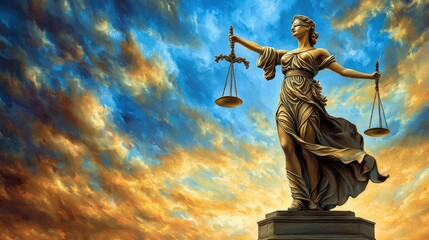Obraz premium Majestic Lady Justice Statue with Scales on a Vibrant Sunset Background Symbolizing Law and Fairness in a Powerful Visual Representation of Justice