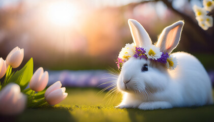 Cute White Bunny with Flower Crown Among Tulips