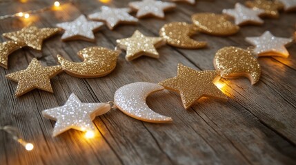 Rows of star-and-crescent-shaped gift toppers made from glittering materials displayed beautifully on a vintage wooden table with small festive lights.