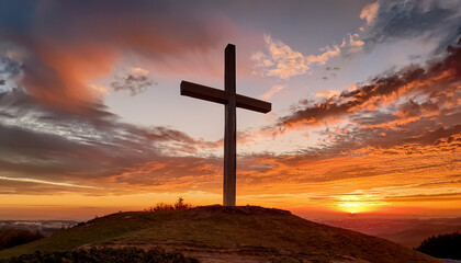 Majestic Cross on Hilltop at Sunset