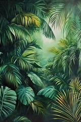 Lush tropical jungle with dense green foliage and soft sunlight filtering through palm and monstera leaves