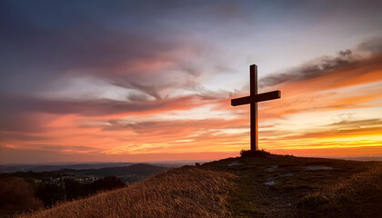 Majestic Cross on Hilltop at Sunset