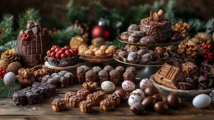 A table with Christmas treats, Easter chocolate eggs, and New Year's decorations.