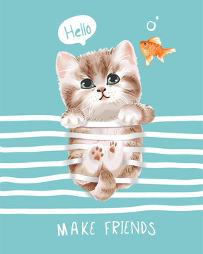 make friends slogan with cute kitten hanging on stripes vector illustration drawn by hand