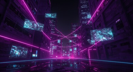Fototapeta premium Neon Cityscape Nightscape Glowing Lines Purple Buildings - Futuristic city at night, glowing neon lines, purple buildings, displays, vibrant cityscape. Symbolizing technology, innovation, future