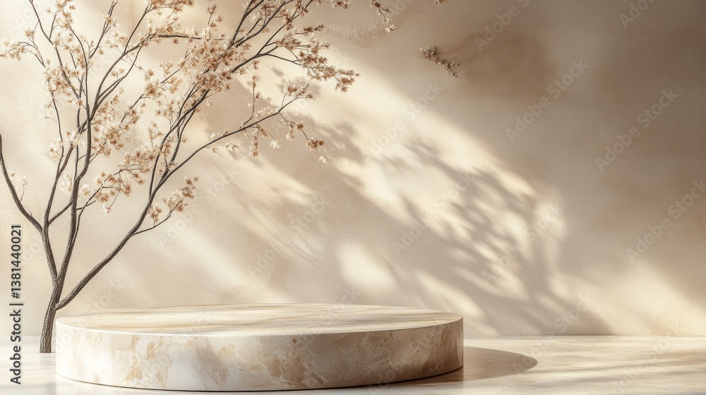 Poster Soft afternoon light filters through a serene space, highlighting a smooth marble platform. Nearby, slender branches with subtle blooms create an atmosphere of tranquility and elegance
