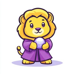 Fototapeta premium A modern illustration featuring a cartoon lion fortune teller clad in a purple robe and equipped with a crystal ball is perfect for incorporating mystical themes, carnival attractions, psychic