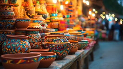 Softly-lit stalls featuring vibrant clay pottery with bright patterns reminiscent of Islamic art arranged neatly at a traditional Eid bazaar.