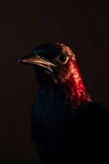 Close-up Portrait of Glossy Starling with Red Iridescent Feathers