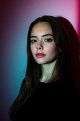 Fototapeta premium Portrait of Young Woman with Colorful Lighting in a Studio Setting