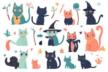Mystical implements and magical objects. Funny feline magicians with alchemical tools and witchcraft. Kittens wearing wizard costumes and magical attire. Sorcerers in magical cloaks and hats.
