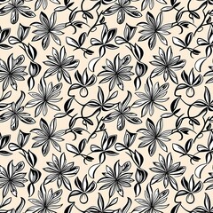 a black and white floral pattern on a beige background