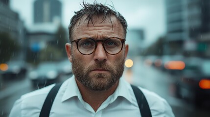 A rugged man stands in the rain, his serious expression reflecting resilience in the face of challenges, against a blurred urban background filled with city lights.