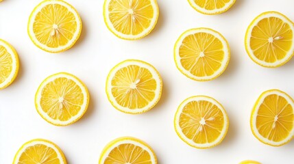 Fresh lemon slices arranged in a pattern on a white surface creating a vibrant display of citrus joy