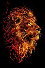 Fiery lion head in profile with glowing mane of flames on black background in bold fantasy illustration
