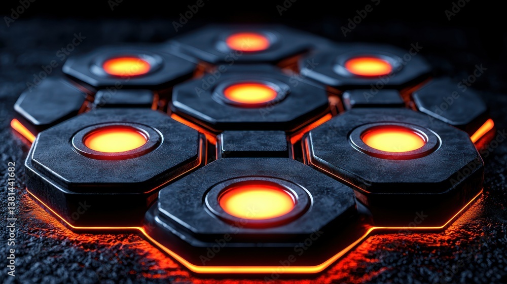 Poster abstract hexagonal grid with glowing orange lights: futuristic tech background