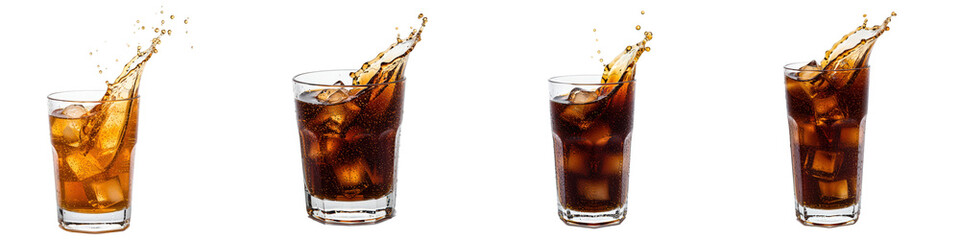 Four sequential images of iced cola being poured.