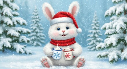 Winter Wonderland Bunny Holiday Greeting - Adorable bunny in Santa hat enjoys hot cocoa in snowy forest. Symbolizes warmth, winter joy, festive cheer, holiday spirit, and cozy comfort