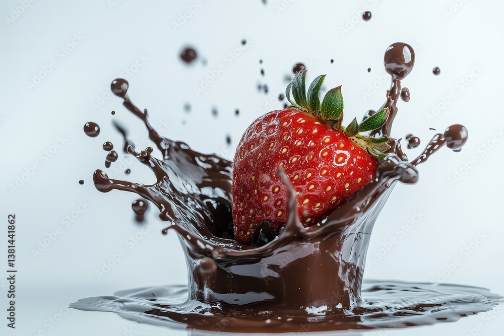 Poster fresh strawberry splashing into rich chocolate, creating a dynamic dessert scene