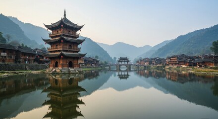 Obraz premium Zhaoxing Village Scenic River Reflection - Tranquil river reflecting ancient architecture, showcasing cultural heritage, natural beauty, peaceful atmosphere
