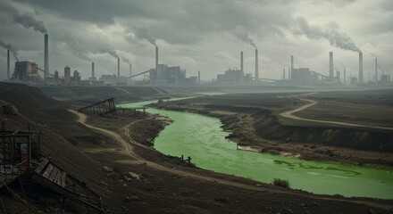 Fototapeta premium Industrial Pollution and River Contamination - A desolate landscape shows a polluted river flowing through an industrial area, highlighting environmental damage