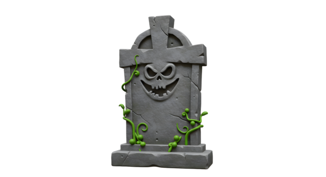Cartoon Tombstone with Skull Face and Vines Growing on Stone