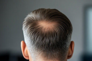 Obraz premium Hair thinning. Image of the crown of a man's head showing thinning hair. The hair is dark with some graying. The image is close-up and shows the scalp.