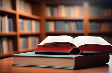 In the foreground is a stack of books. Behind are shelves with books, books in a library. Atmospheric picture