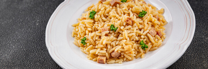 Rice meat ham main course fresh delicious gourmet food background on the table rustic food top view copy space