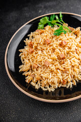 Rice meat ham main course fresh delicious gourmet food background on the table rustic food top view copy space