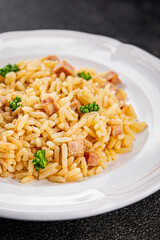 Rice meat ham main course fresh delicious gourmet food background on the table rustic food top view copy space