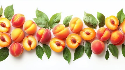 Fresh peaches and leaves arranged neatly on white background showcasing vibrant colors and textures of summer fruits