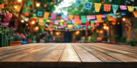 Empty Wooden Table for Product Display at Mexican Outdoor Restaurant with Decorated Cinco de Mayo Fiesta Background 
