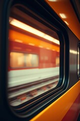 Fototapeta premium Riding the Train Window View of Passing Platform and Railroad Tracks