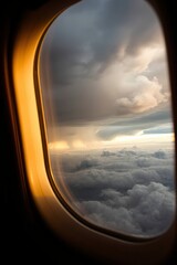 Airplane Window View of Storm Clouds and Rain Over the Sky