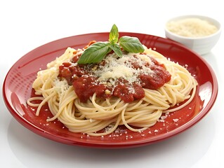 Spaghetti with Tomato Sauce and Basil on a Plate with Parmesan and Fresh Ingredients.