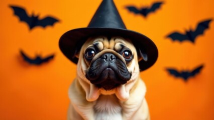 Cute pug dressed as a witch with black hat and bats on orange background