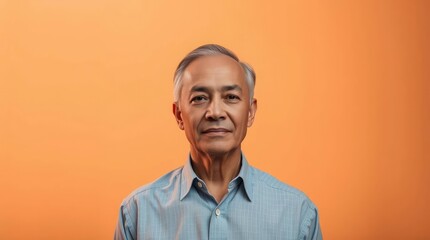 Fototapeta premium Senior Asian Man Portrait on Orange Background with Calm Expression