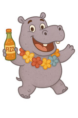 Happy cartoon hippo wearing a flower lei and holding a bottle of orange fizzy drink