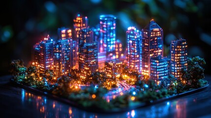 Naklejka premium Night Cityscape Miniature: A Luminous Urban Landscape