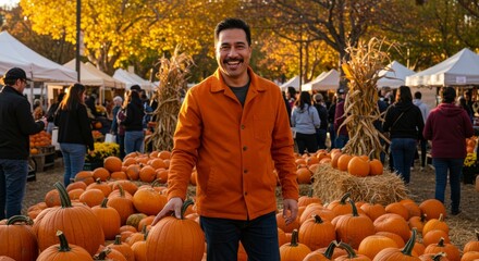Man in Orange Jacket at Fall Pumpkin Festival - A happy man in an orange jacket smiles amidst a vibrant autumn scene of pumpkins at an outdoor fall festival. The conveys warmth, harvest, joy