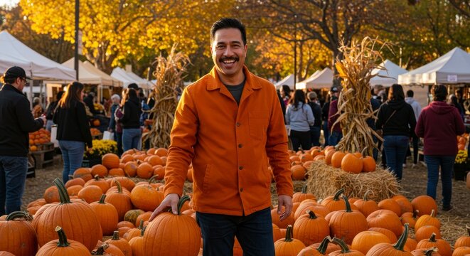 Man in Orange Jacket at Fall Pumpkin Festival - A happy man in an orange jacket smiles amidst a vibrant autumn scene of pumpkins at an outdoor fall festival. The conveys warmth, harvest, joy