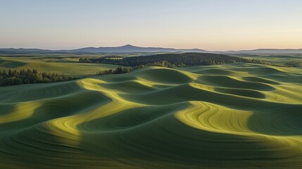 Fototapeta premium Rolling green hills in the early morning light showcase the beauty of nature, tranquility, and peaceful landscape photography