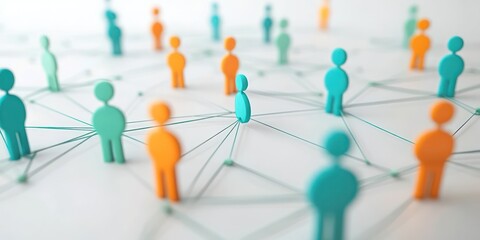 A dynamic network of cartoon figures in various colors, such as teal, orange, and green, connected by flowing lines on a simple white background