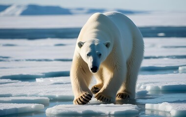 A close-up shot of a polar bear walking on ice